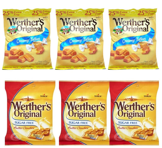 Werther's SUGAR FREE Creamy Toffee/ Butter Candies {6 Mixed OFFER, Wrapped} 6 x 80g