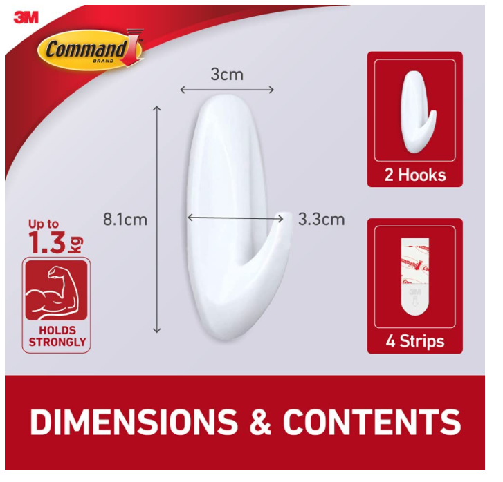 3M Command 17081 Medium Hooks- Holds up to 1.3kg {2 Pack}