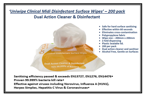 Uniwipe Large Clinical Disinfectant Surface Wipes 200's - GARDEN & PET SUPPLIES