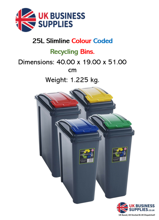 Wham 25L Slimline Recycle It Waste Plastic Recycling Bin 4 Piece Set - Red/Blue/Yellow by Wham - Garden & Pet Supplies